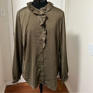 Cabi Icon Olive Green Button Down Blouse Ruffle Collar Size Large